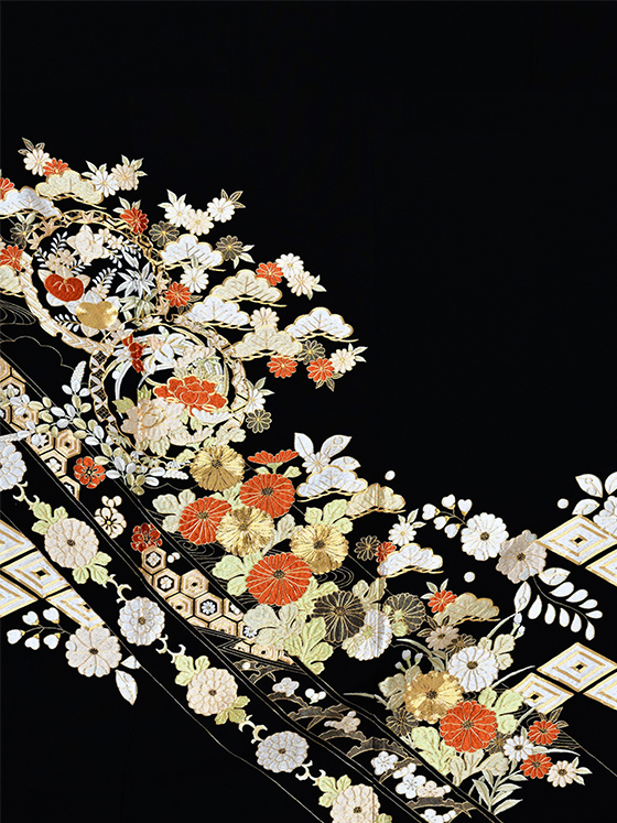 雪輪花丸紋に菊/オレンジ